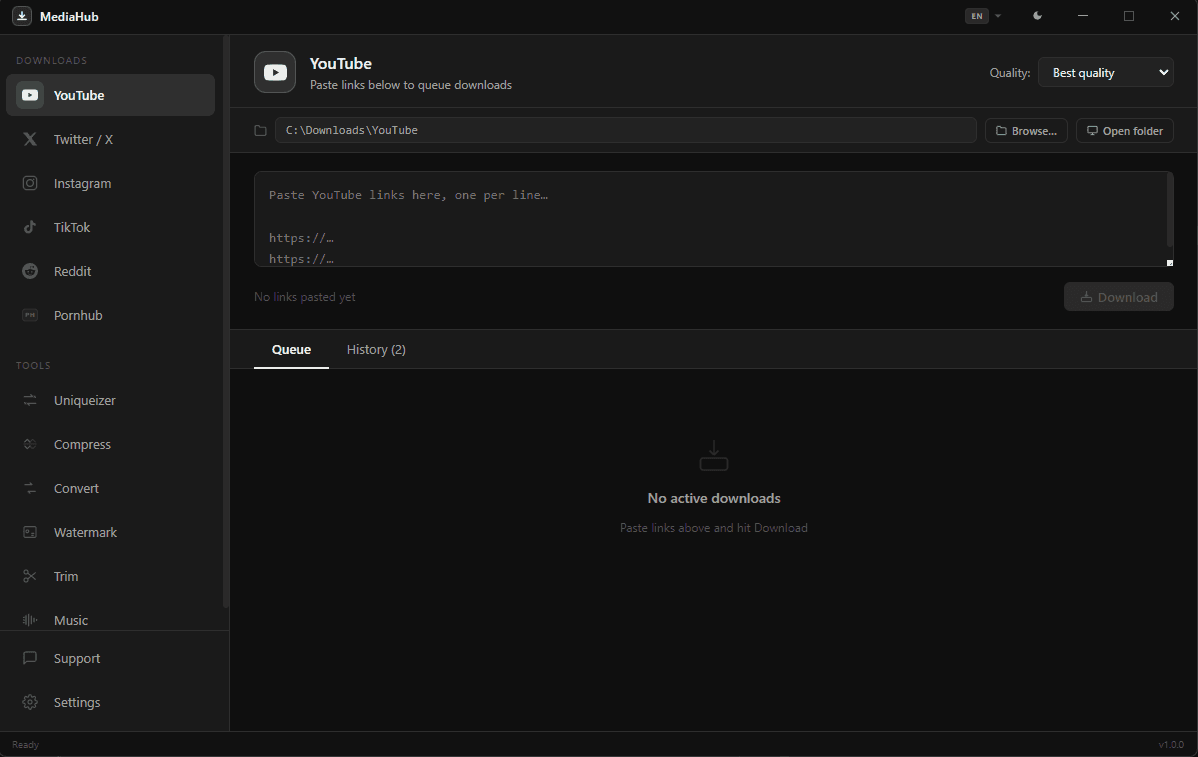 Main screen — YouTube downloads